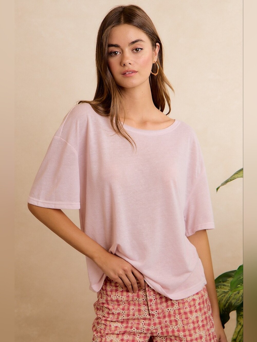 BiBi Solid Jersey Relaxed Fit Short Sleeves Pocket Top- Pale Lavender - Picture 2 of 12